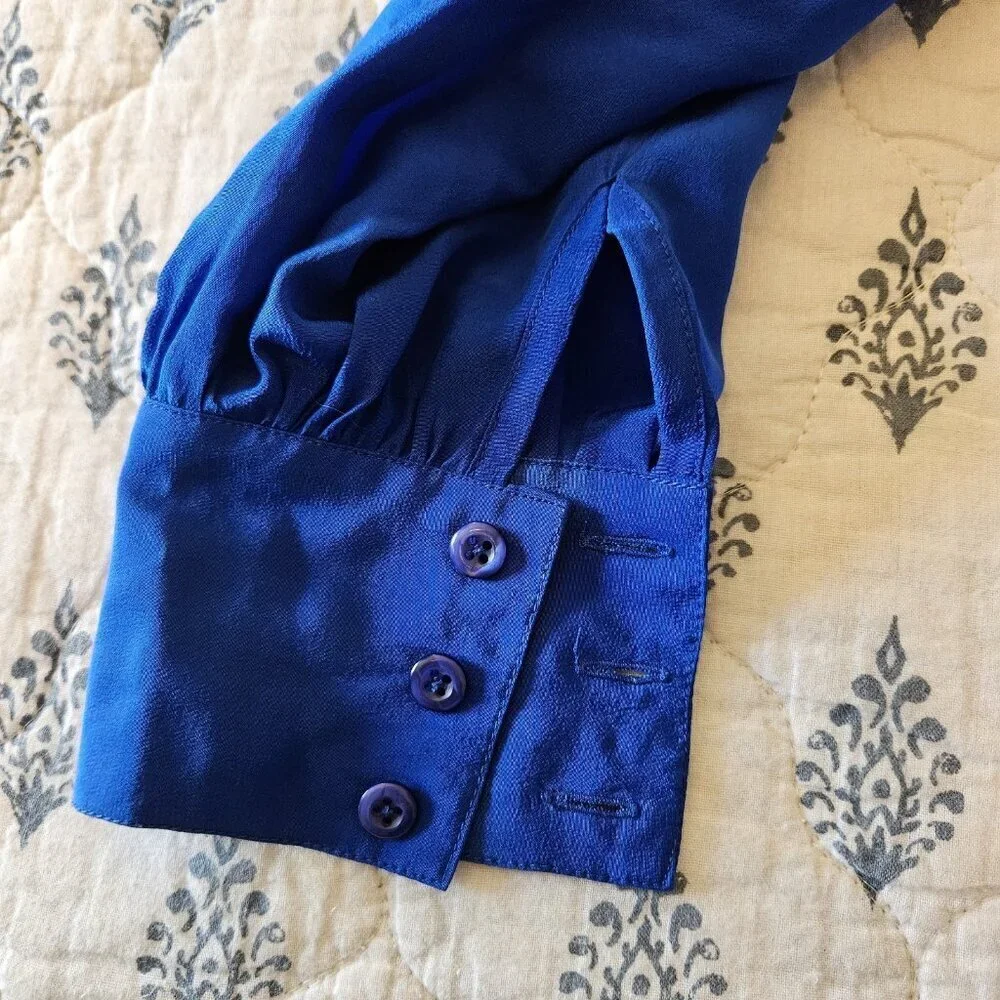 Francesca of Damon Royal Blue 100% SILK Pleated Blouse Vintage 80s 6 - Picture 15 of 16